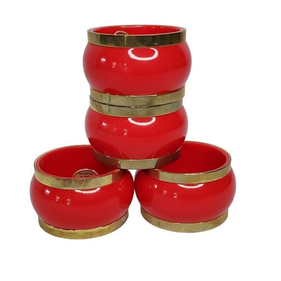 4 Vintage Round Circle Red Gold Tone Plastic Napkin Rings 1.25" W X 1.75" D - Picture 3 of 4